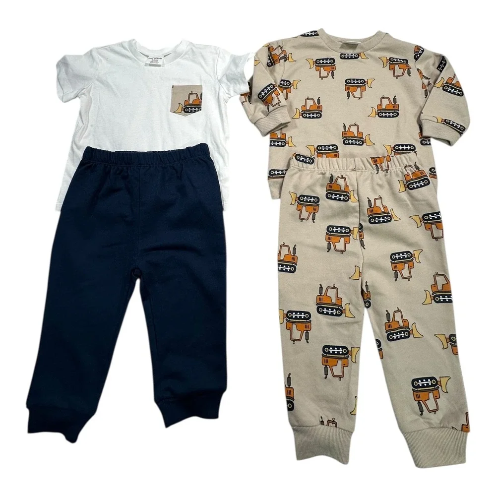 Petit Lem's Mini Threads 12M Outfit Set White Tee Blue‎ Pants Excavator Pajamas